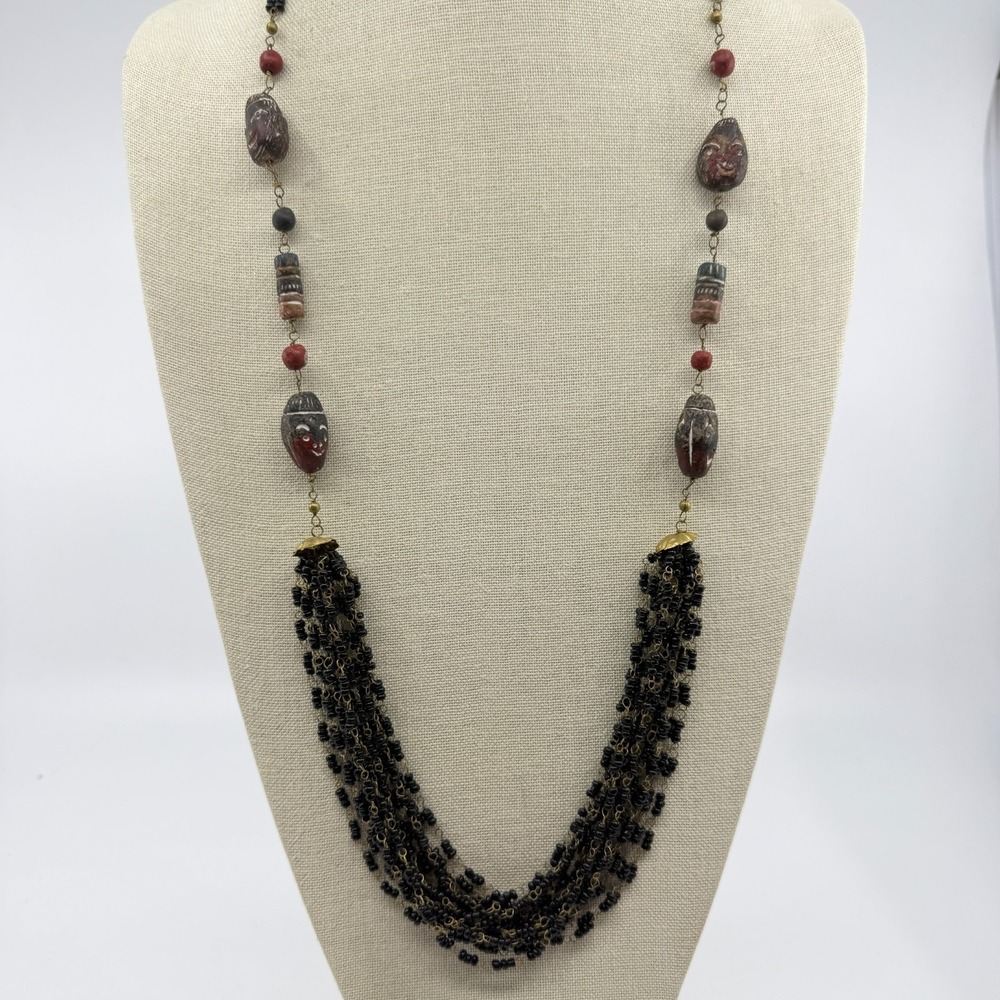 Boho Tribal Beaded Fringe Necklace Black Seed Beads Mask Art Statement Gift